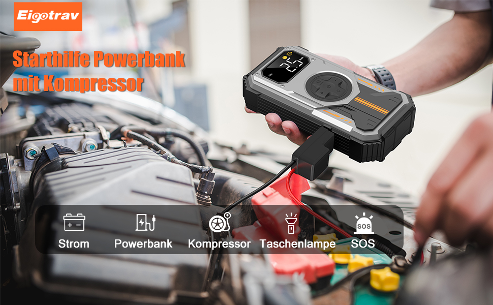 Powerbank Eigotrav Starthilfe: пусковий пристрій для авто 6000A, 12V, 150 PSI компресор, LED, LCD, сріблястий (до 7.5L бензин, 6L дизель)