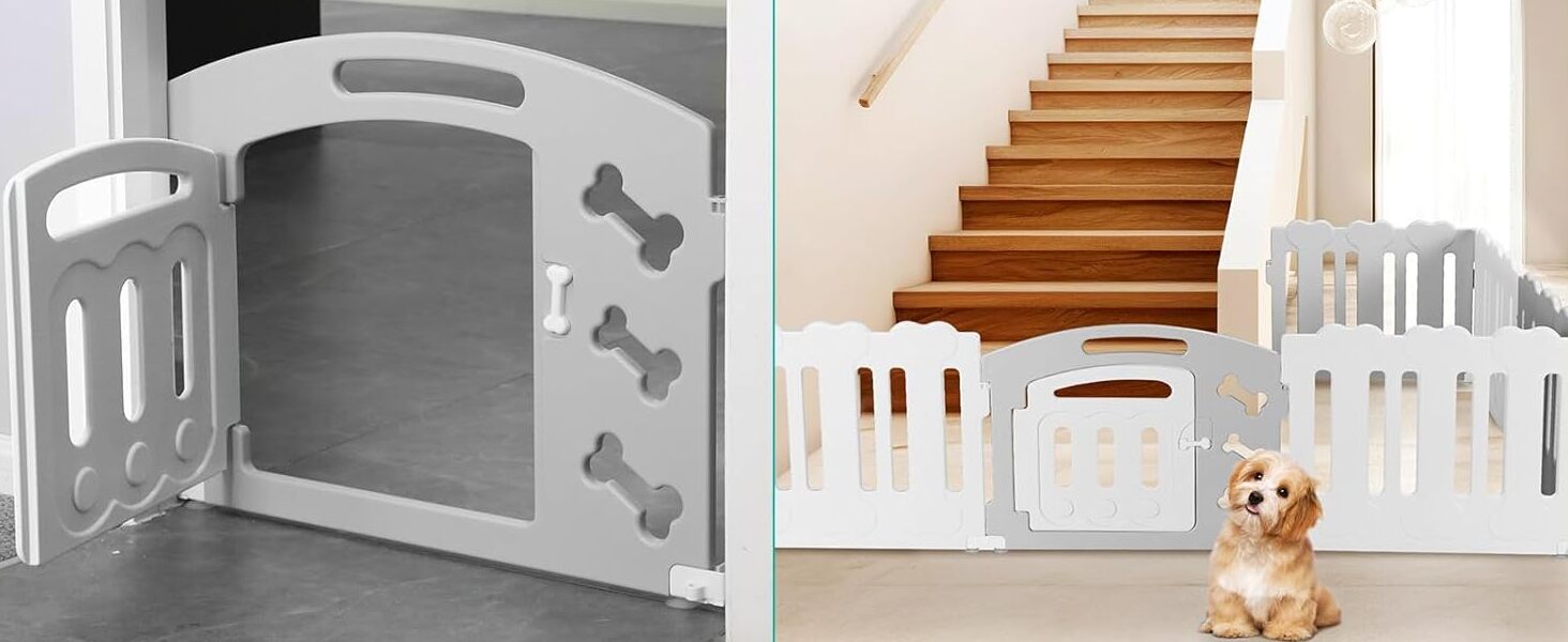 Летворешітка для цуценят Mamizо 60 см, 5+1 панелей, сіра та біла. З торцем та кріпленнями для підлоги. Ідеально для квартири.