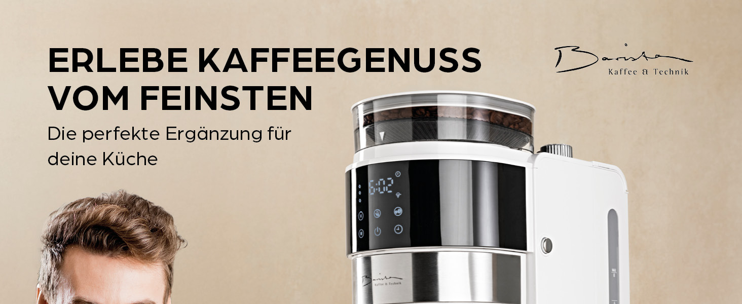 Кавомашина Barista Filterkaffeemaschine з регульованим млинком та термокружка | Функція підігріву, таймер 24 год та постійний фільтр | Для 10 чашок кави | Кавомашина для зерен та меленої кави [Нержавіюча сталь] (9) Weiß (Pro Design) - Термокружка - з млинком