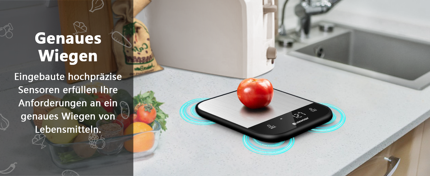 Кухонні ваги UNIWEIGH: цифрова вага для продуктів, грам/унція, випічка, приготування їжі, LED дисплей, функція тарування, нержавіюча сталь, чорний колір