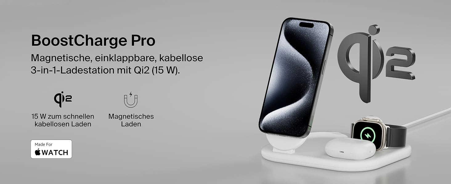 Зарядний пристрій Belkin BoostCharge 3-в-1 з підтримкою Qi2, 15 Вт, MagSafe, для iPhone, Apple Watch, AirPods