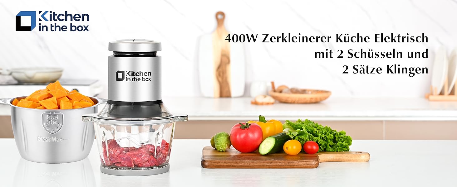 Електричний подрібнювач Zerkleinerer Kitchen in the Box 400W зі скляною (1л) та сталевою (2л) чашами для м'яса, овочів, фруктів та дитячого харчування, сріблястий