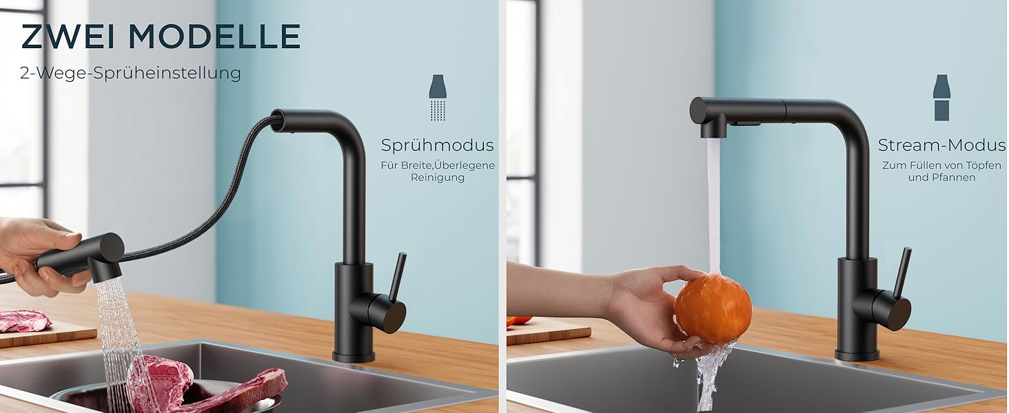 Змішувач для кухні FORIOUS висувний з душем, кухонний змішувач, L-подібний, 2 режими розпилення, поворотний 360°, матовий чорний