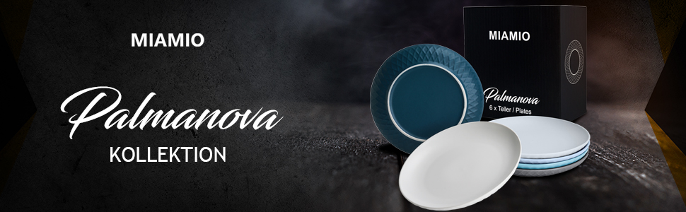 MIAMIO Набір посуду з 24 предметів з кераміки (тафельсервіс) для 6 осіб, Palmanova Kollection, великі тарілки (6 шт.), блакитні, сумісний з мийною машиною та мікрохвильовою піччю