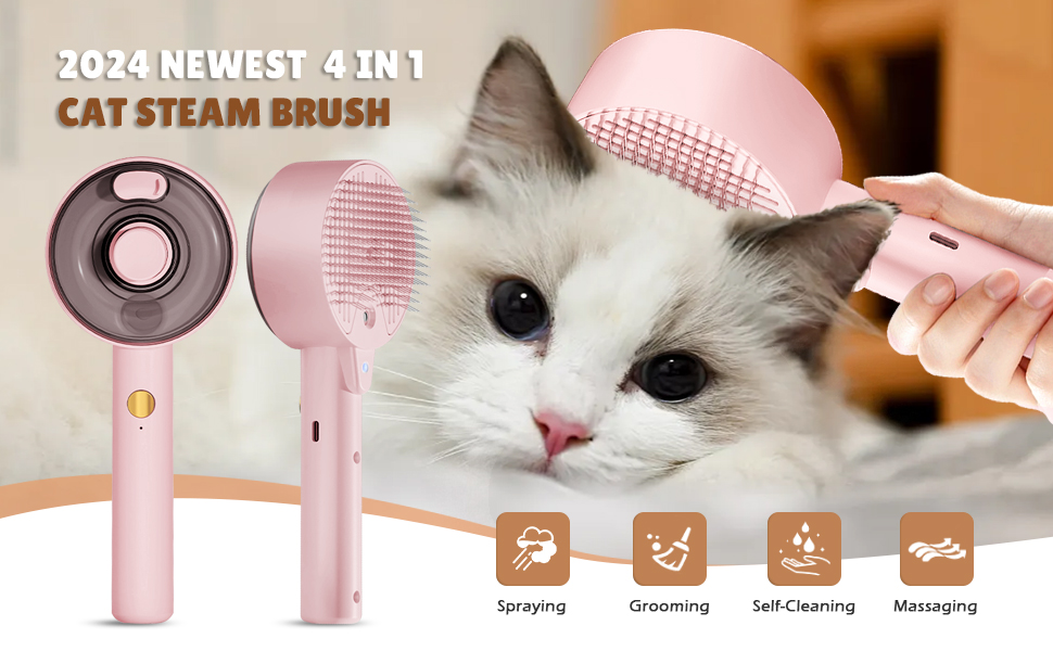 Парова щітка для котів 4-в-1, 4-в-1 парова щітка для котів, щітка для котів з водою, видаляє шерсть домашніх тварин одним натисканням кнопки, щітка для котів та собак (біла) (рожева)