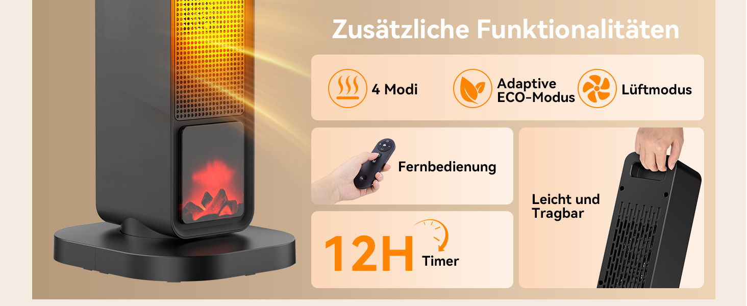 Електричний обігрівач PTC, 2200W, керамічний, з пультом, 4 режими, таймер 12H, термостат, ECO-режим, осциляція 70°, захист від перегріву та перекидання, для дому/офісу, чорний, 61 см