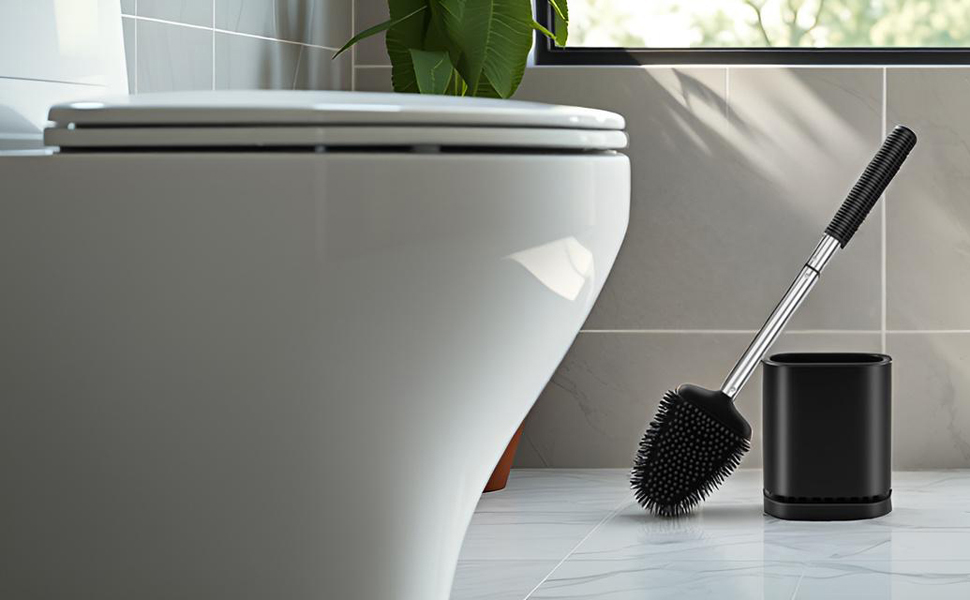 Набір для туалету: щітка для унітазу з тримачем, нержавіюча сталь та силікон, чорний