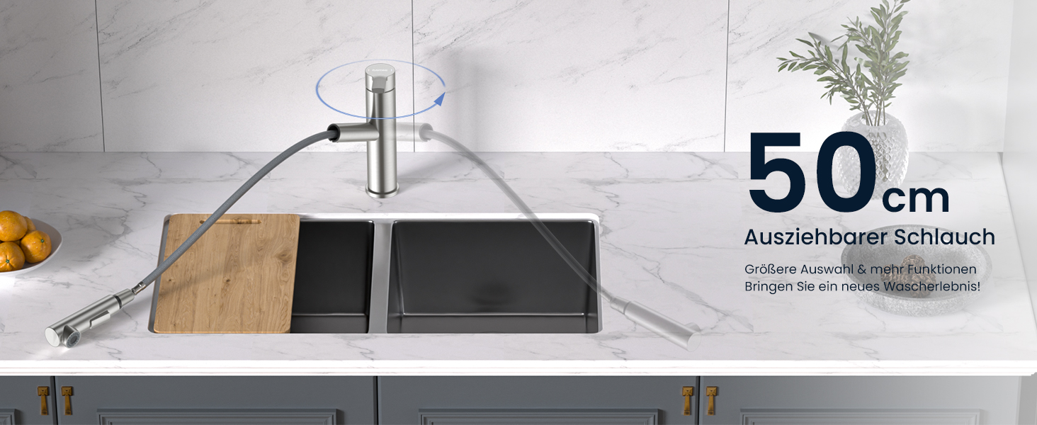 Однолеверний змішувач для кухні Dayone з висувною лійкою, нержавіюча сталь, 3 режими, 360° обертання, для кухонних мийок (15 см), матовий, преміум якість