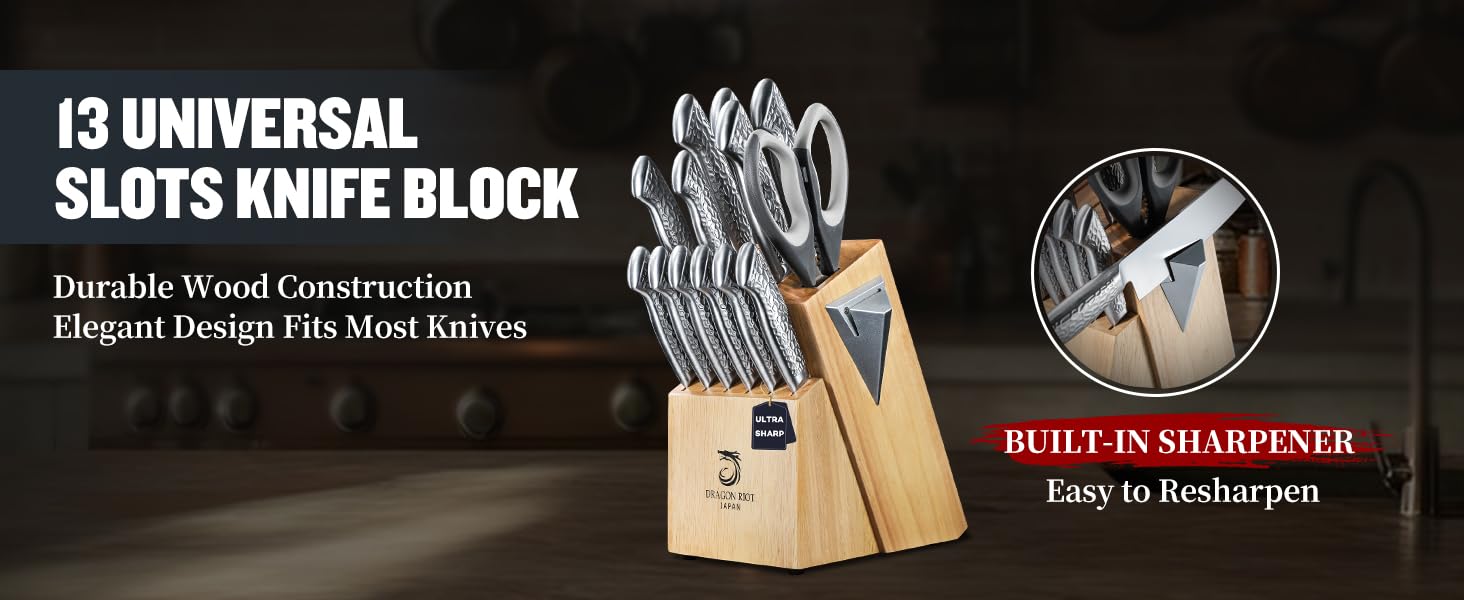 Dragon Riot 14-Piece Self-Sharpening Knife Set with Block - Professional Japanese Stainless Steel Kitchen Knives, Ergonomic Grip, 30cm