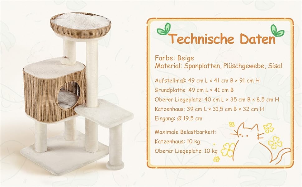Дерево для котів Yaheetech з ротангу, 91 см, для великих котів до 10 кг, з печерею та платформами, бежевий