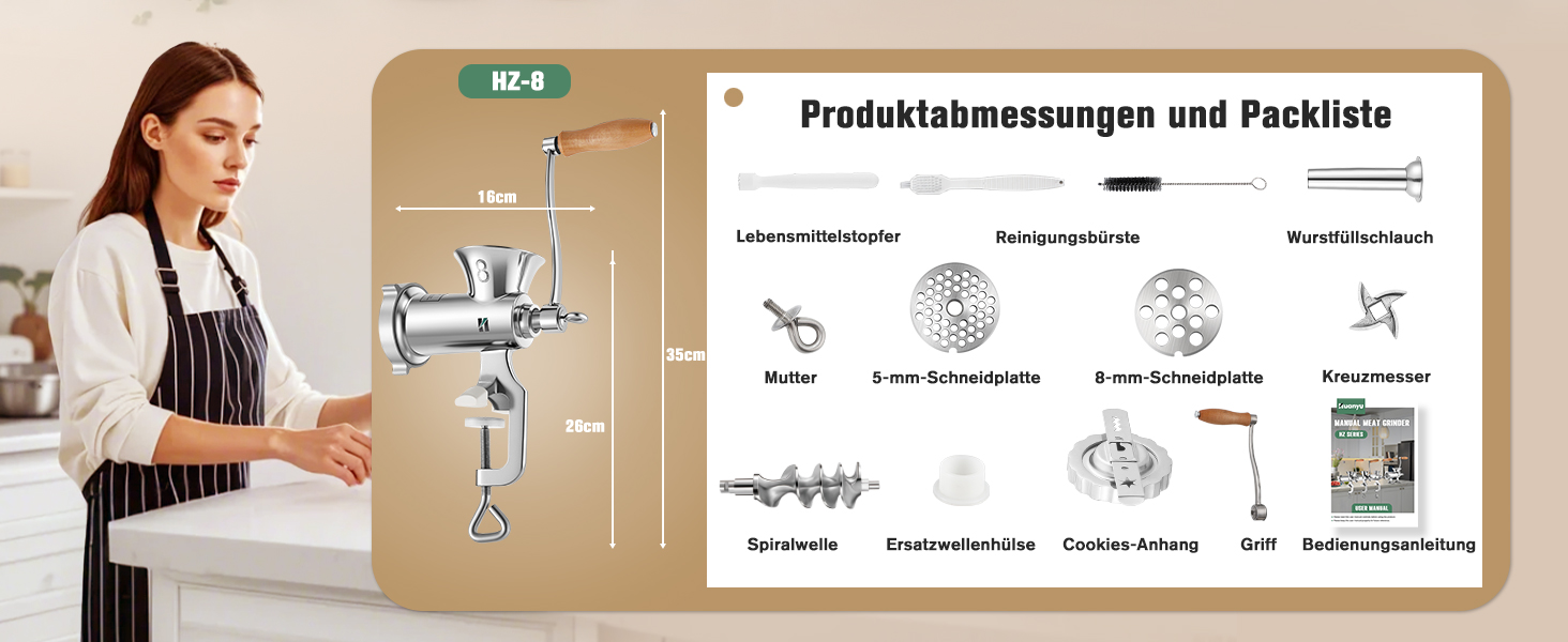 М'ясорубка ручна Huanyu з нержавіючої сталі, насадка для ковбас та печива, миється в посудомийній машині (№8)