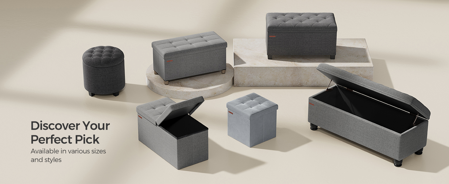 SONGMICS Storage Ottoman, Small Folding Bench, 38 x 38 cm Footstool, Storage Box, Holds up to 300 kg, for Living Room Bedroom Dorm, Dove Grey LSF227G02 38T x 38B x 38H cm Dove Grey