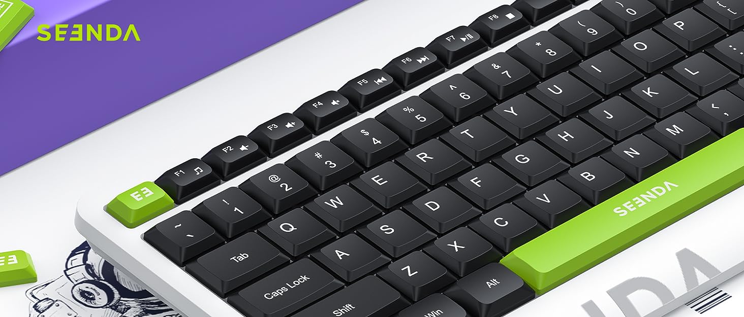 Бездротовий комплект клавіатури та миші Seenda SK38-3: ультратонкий, перезаряджається, ергономічний, з захистом від пилу, DE QWERTZ, чорно-зелений