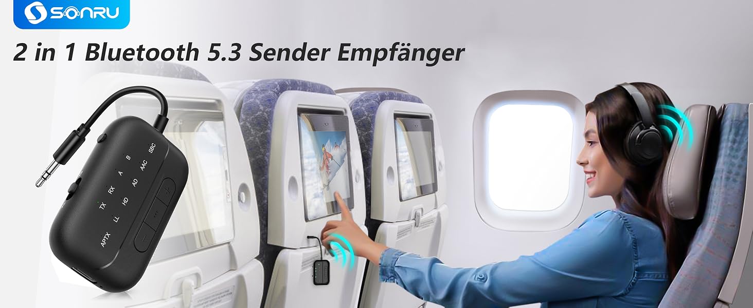 Bluetooth адаптер-трансмітер SONRU 5.3 Airfly 2-в-1, передавач та приймач аудіо (3.5 мм Aux) для навушників, ТБ, літака та авто