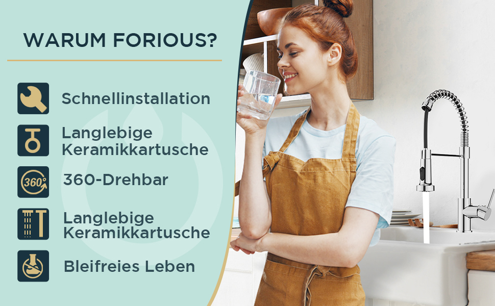 Змішувач кухонний FORIOUS висувний з душем, однорідний, 360° обертання, хром, з витяжкою