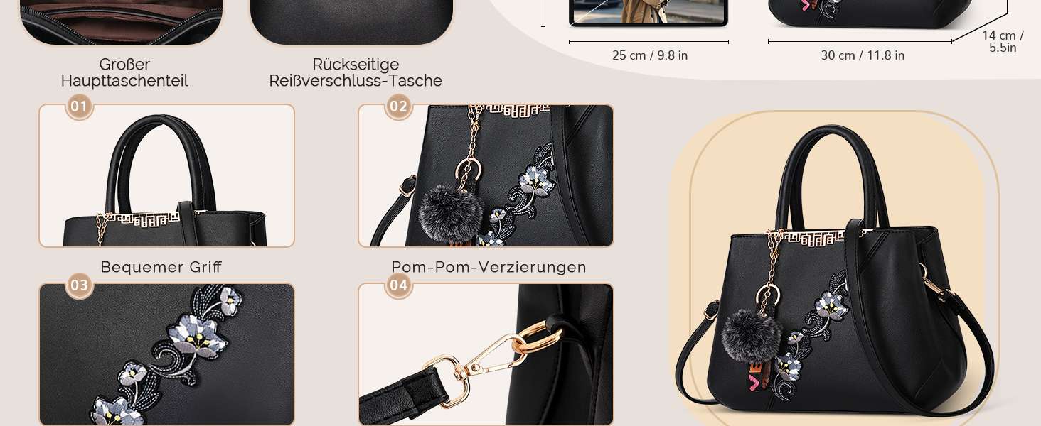 Сумка жіноча DIRRONA велика – сумка через плече та шопер з квітковою вишивкою та помпонами, ідеальна для роботи, відпочинку, подорожей, офісу, вечірок та весіль, колір сірий