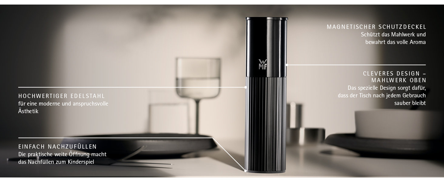 Мельниця для спецій WMF Signature Pro – ручна, з керамічним механізмом, регулюванням помелу, чорна