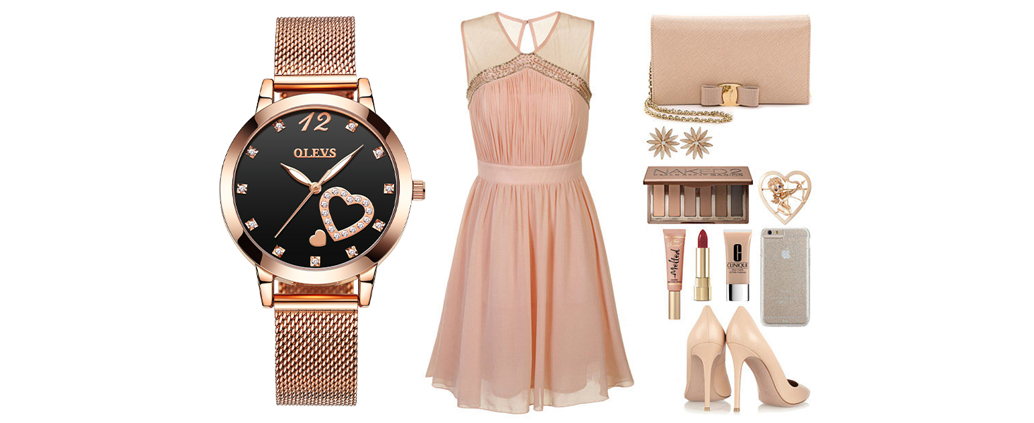 Годинник жіночий OLEVS рожеве золото з серцем та діамантом, чорно-білий циферблат, кварц, водонепроникний, комплект з браслетом, моделі 5189, рожевий