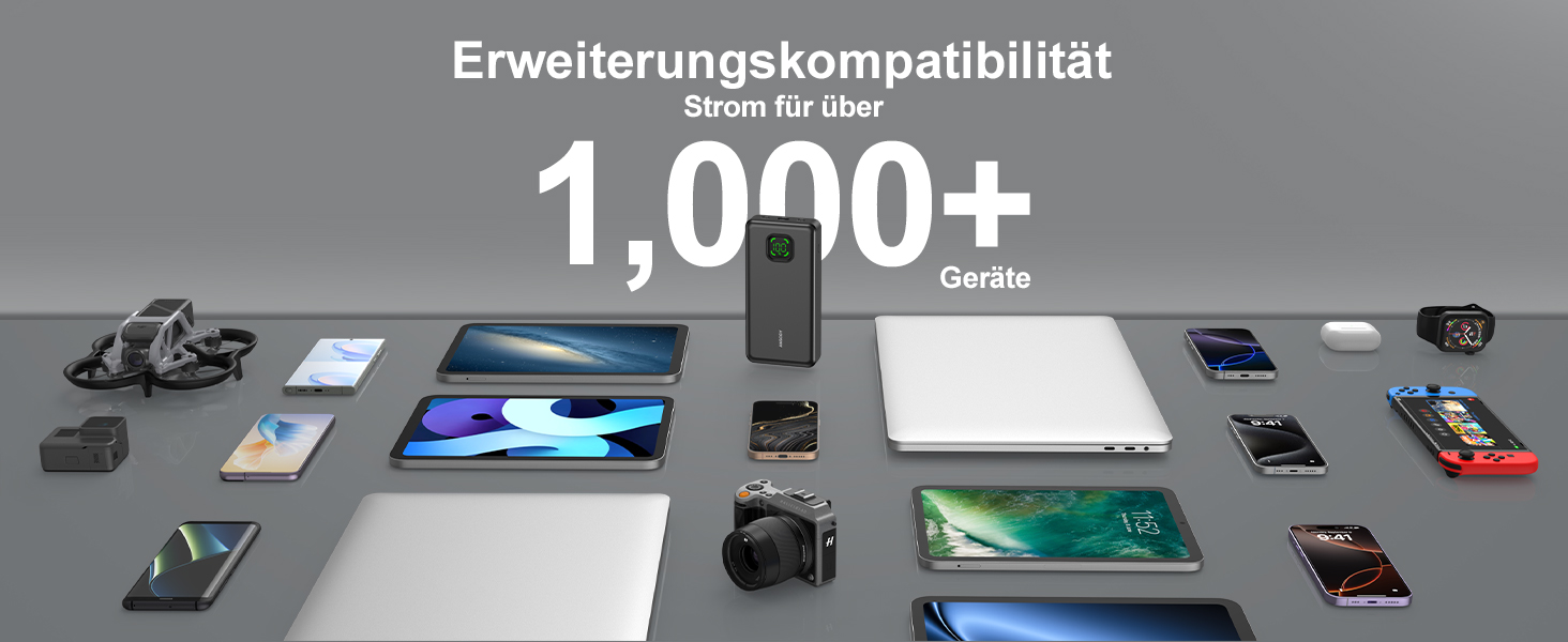 Power Bank 65W 25000mAh Klein Aber Stark для ноутбука та iPhone/iPad: портативний акумулятор з LED дисплеєм, USB-C, сірий