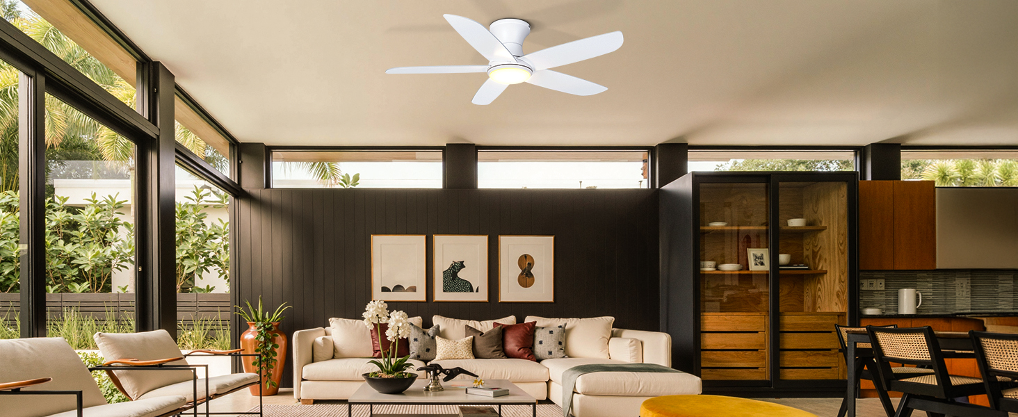 Стеляний вентилятор Ohniyou з підсвіткою та пультом керування, 117 см, керування через додаток, регульована яскравість, тихий DC-двигун, для спальні, тераси, кухні (білий)