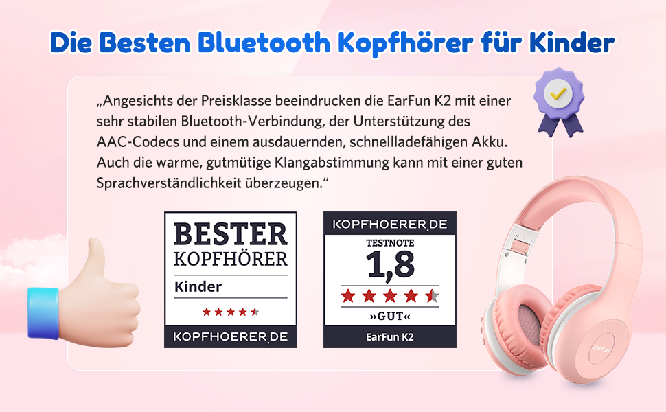 Бездротові навушники EarFun для дітей, Bluetooth, регулювання гучності 85/94 дБ, Hi-Fi звук, HD-мікрофон, 40 годин роботи від акумулятора, складні, регульовані, рожеві