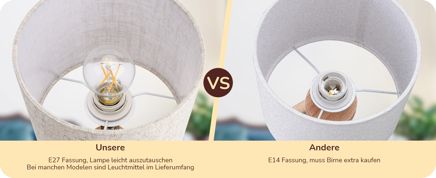 Настільна лампа EDISHINE, 2 шт. у наборі, дерев'яна, з абажуром кольору бежевого льону, цоколь E27, з лампочкою, вінтажний стиль, для спальні, вітальні, подарунок