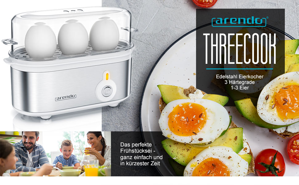 Електричний яйцевар Arendo Threecook з нержавіючої сталі - 1-3 яйця, регулювання ступеня готовності, безпечний, BPA-free