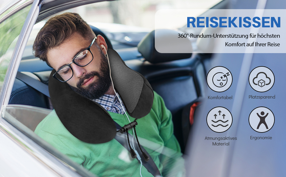 Подушка для шиї у літак CNMTCCO, регульована, з піною Memory Foam, ергономічна, з навушниками, маскою для очей, сумкою, для подорожей (літак, авто), чорна