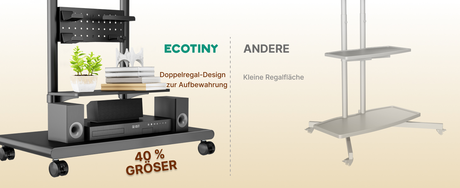 Підставка для телевізора на колесах, 50-90 дюймів, до 70 кг, регульована висота та нахил, з полицями, VESA 600x400 мм