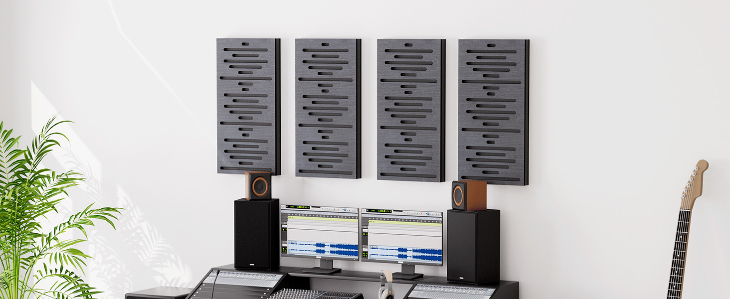 Акустичні панелі TONOR з дерев'яним шпоном, самоклеючі (4 шт, 60x30x4.7 см), звукопоглинаючі стінові панелі для обробки та декору вітальні або офісу, чорні