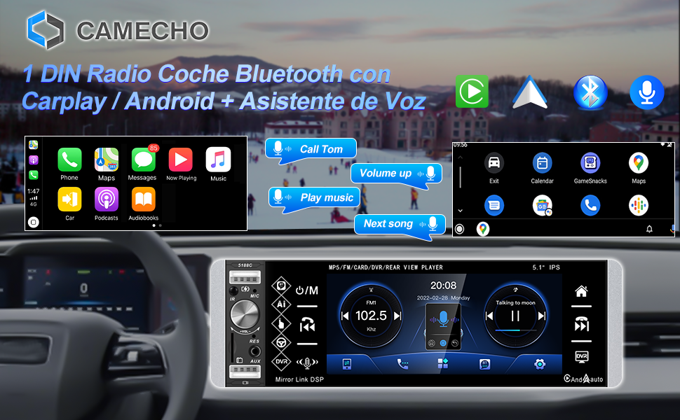 Автомагнітола CAMECHO 1 DIN з CarPlay, 5,1