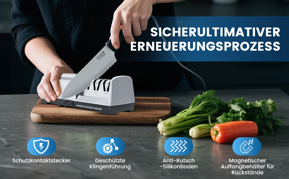 Електричний точило для ножів професійний 3-ступеневий з захистом від перегріву, тихий мотор, швидке заточування для кухонних ножів (срібний)