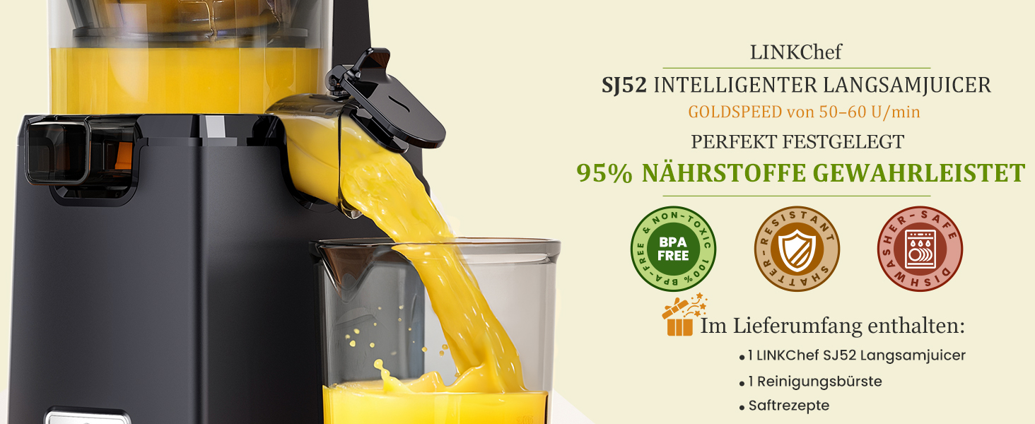 Шнекова соковижималка LINKChef Slow Juicer, 250Вт, для цілих овочів та фруктів, широкий отвір 130мм, чаша 1.8л, з функцією реверсу, без BPA