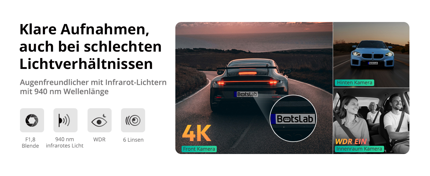Відеореєстратор автомобіля BOTSLAB 4K 3-канальний з паркуванням, GPS, WiFi та SD-картою 128GB