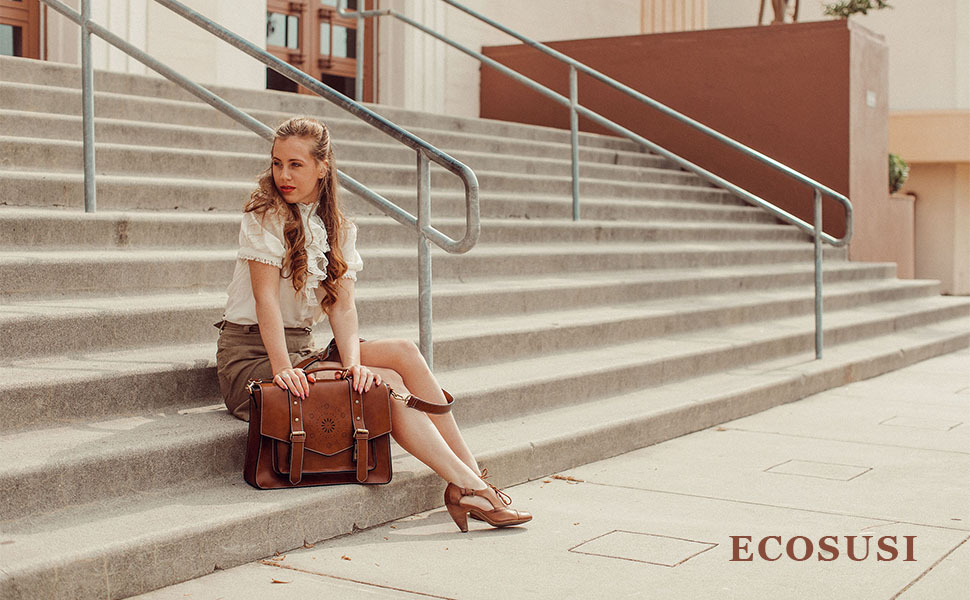 Жіноча шкіряна сумка-портфель ECOSUSI для ноутбука 15,6 дюймів, вінтажна бізнес-сумка через плече, велика червона сумка для роботи та вчителів