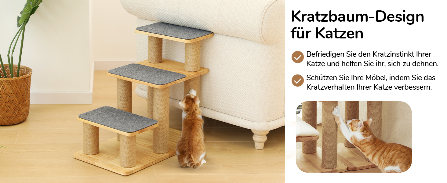 Сходинки для собак FUKUMARU, 3 сходинки, з натурального дерева та джуту, регульована висота 18-51 см, вантажопідйомність до 90 кг, знімний м'який килимок, 6 варіантів комбінації кольорів, підходить для котів та собак