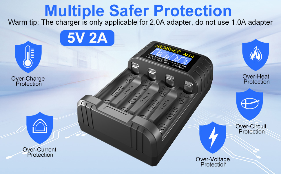 Зарядний пристрій для акумуляторів AA/AAA AICARGER з LCD дисплеєм, 4 слоти, 5V/2A, USB-C, 4 x AA 3600mAh в комплекті