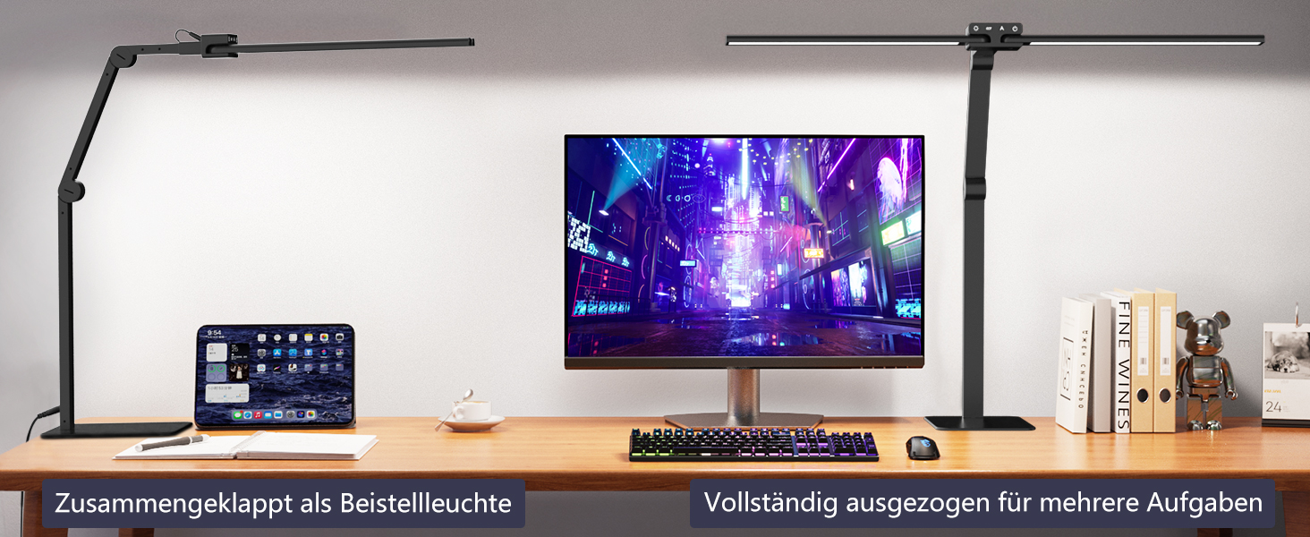 LED лампа для столу KableRika з двома головками: 24W, регульована яскравість, захист очей, для офісу та дому, сучасна лампа-світлодіод для монітора, білий (чорний)