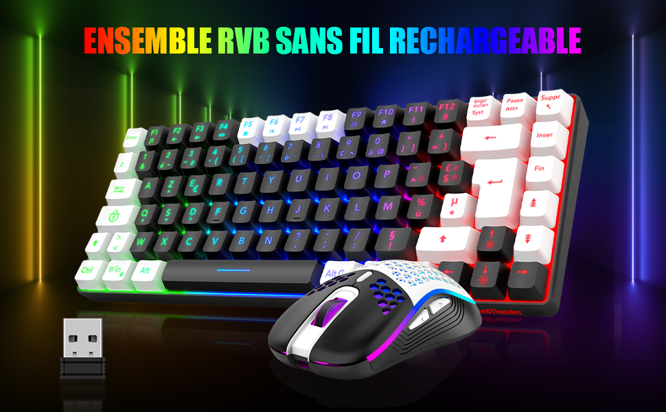 RedThunder K84 Combo: Бездротова клавіатура та миша USB, AZERTY (французька), 75% TKL, 3200 DPI (Чорний/Білий)