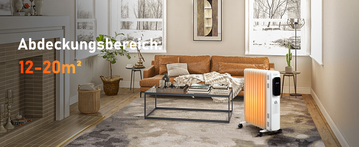 HOMCOM Портативний масляний радіатор з електронагрівом, 2500W, 3 режими, таймер, 11 секцій, білий, сталь, 50.5 x 24 x 63 см