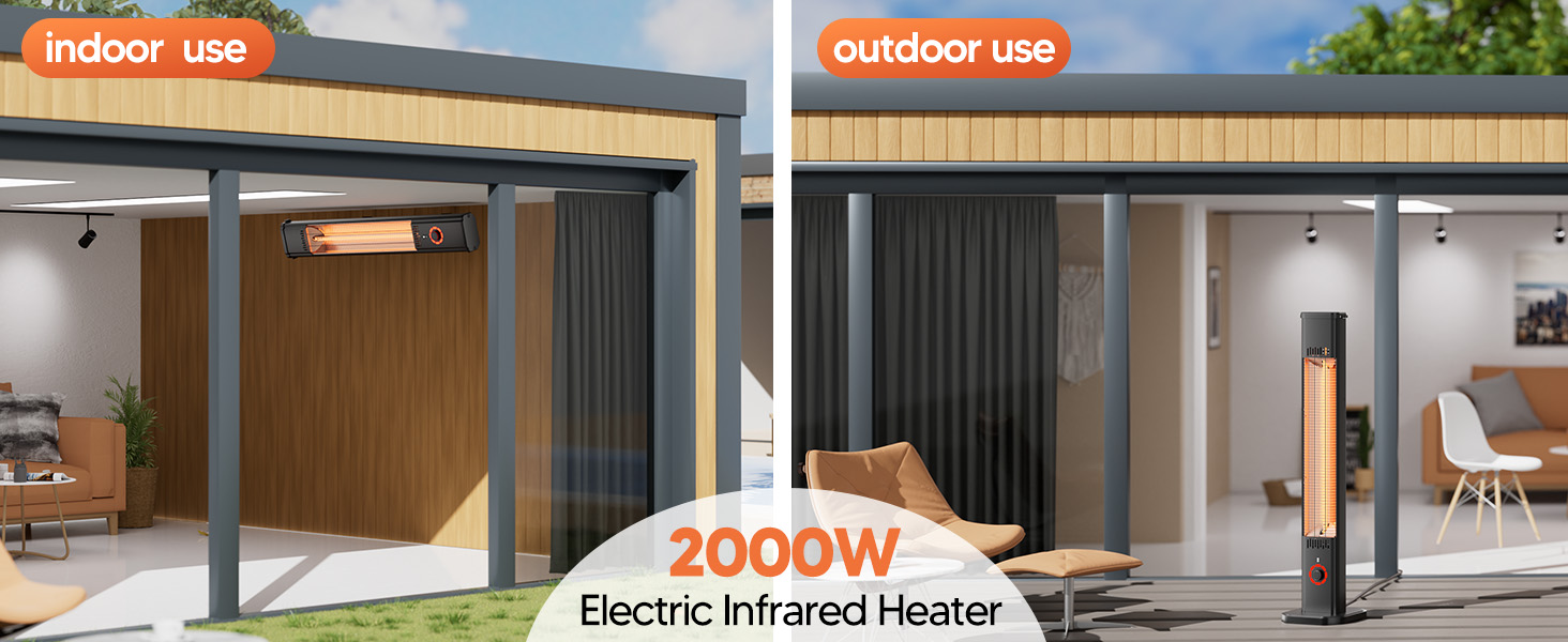 Інфрачервовий обігрівач для тераси 2000W, стельовий обігрівач, обігрівач для вулиці з 8 рівнями нагріву, таймером 8H, вуглецевим волокном, для тераси, балкону, внутрішнього та зовнішнього використання
