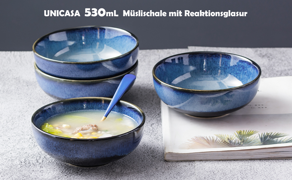 Набір тарілок UNICASA (4 шт.) з порцеляни, 16 см, блакитні - для супу, десерту, каші