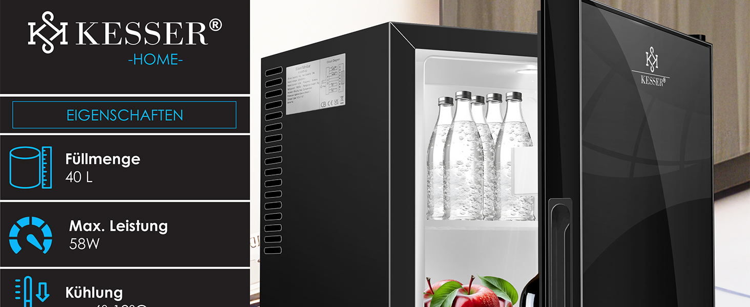 Міні-холодильник KESSER® 40L з скляною дверцятами: ідеальний для кемпінгу, офісу, спальні, готелю, кухні. Безшумний, з можливістю зміни напрямку відкривання дверцят, внутрішня підсвітка та відкривачка для пляшок. Чорний колір.