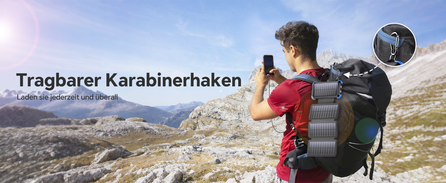 Powerbank Solar 26800mAh з USB-C, 5 виходів, водонепроникний, з карабіном та ліхтариком, для кемпінгу, телефонів та планшетів (блакитний)