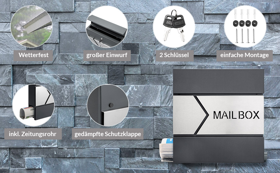 Поштовий ящик Monzana XXL з газетницею та оглядовим вікном, сталевий, антрацит, з замком та 2 ключами, для настінного монтажу