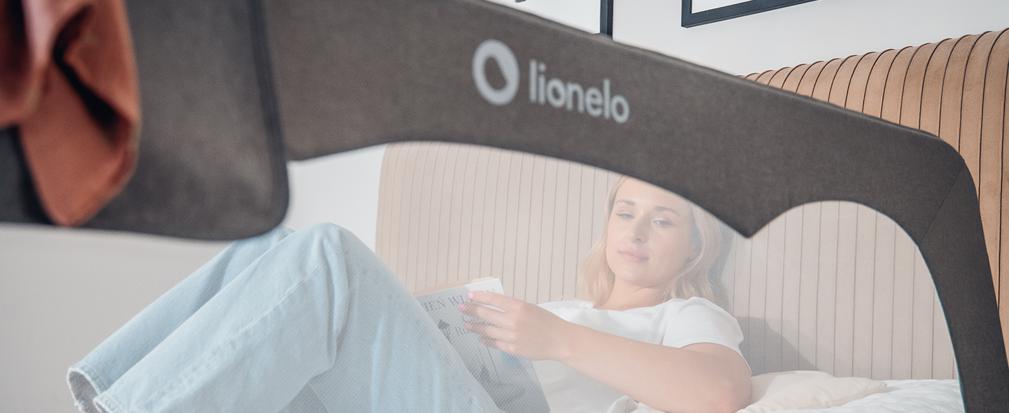 Захисний бортик для ліжка Lionelo Hanna 150x66 см, складаний на 180°, сітчастий, легкий монтаж, блокування, SecureBelt, міцна конструкція, сірий