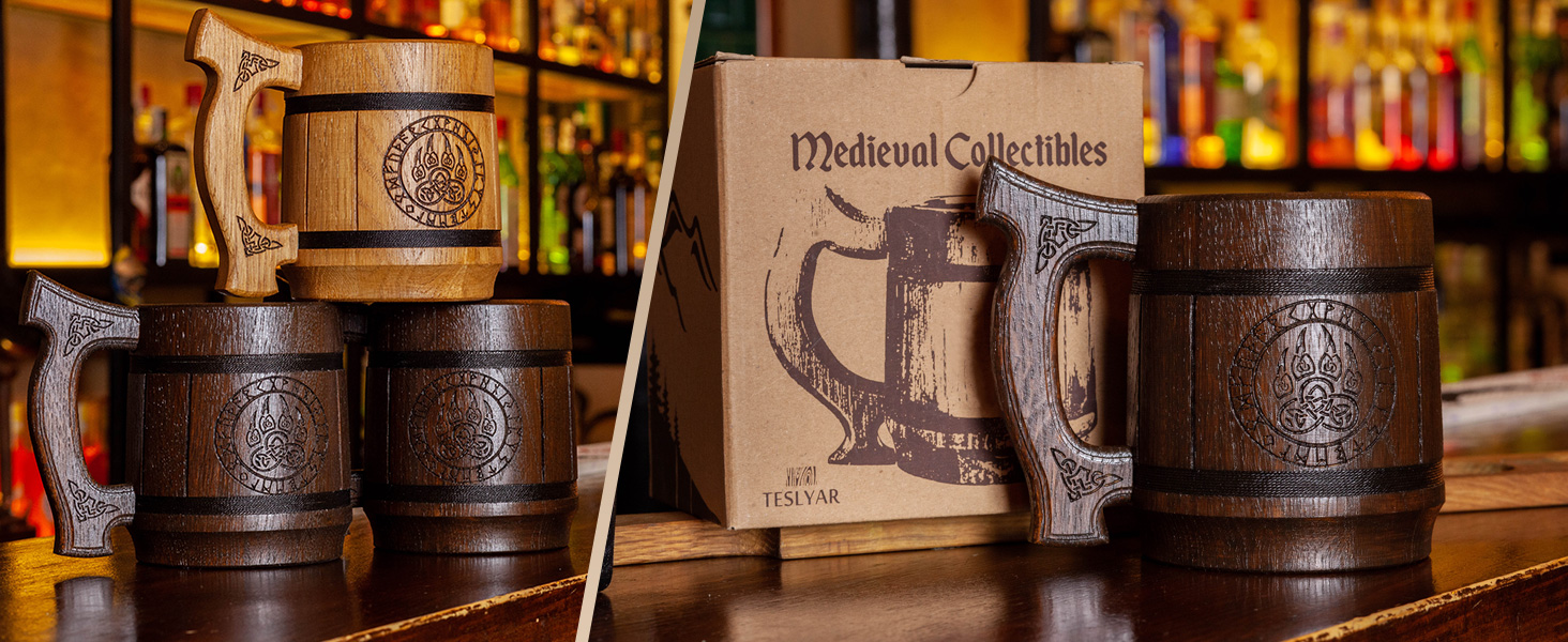 Діжка Wikinger 0.6 л з дуба - середньовічна діжка для пива, кружка, кубок з гравіюванням Молота Тора, рунами. Ідеальний подарунок для чоловіків, дерев'яний кубок з рунами, подарунок на День Святого Валентина