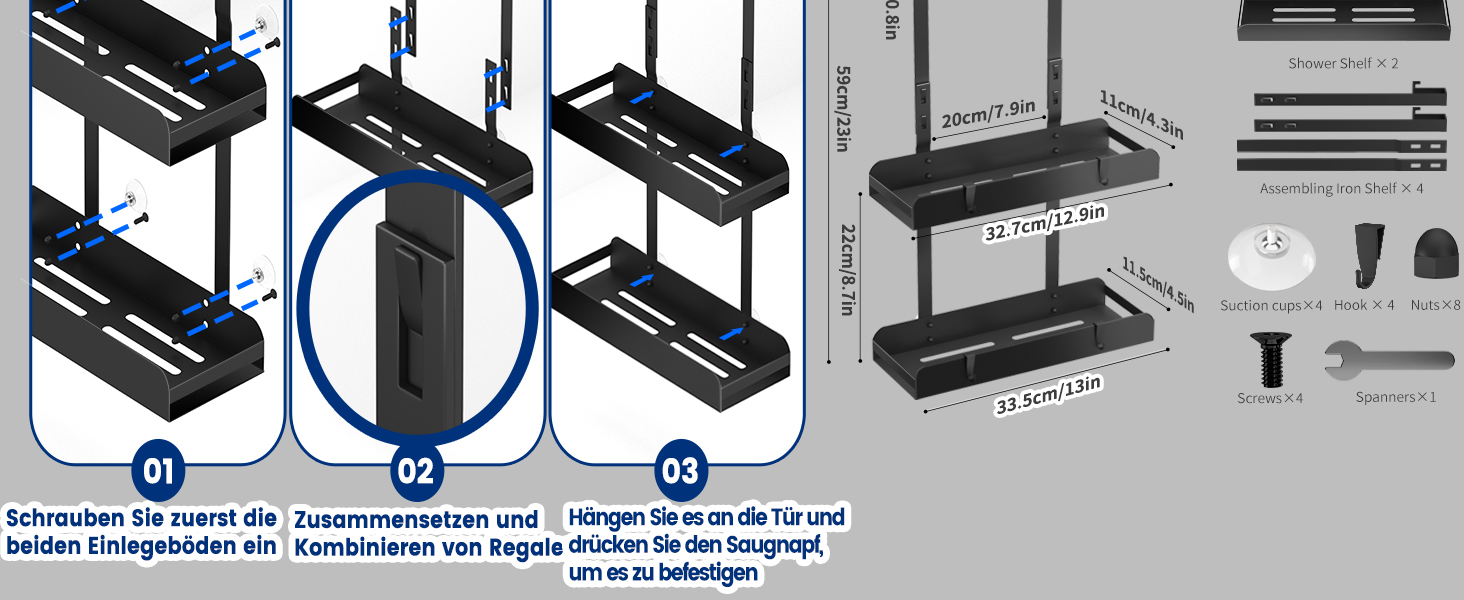 Настінна поличка для душу без свердління, чорна, з 4 гачками. Органайзер для шампуню та інших аксесуарів у ванну кімнату та кухню. Підходить для безрамкових скляних дверей.