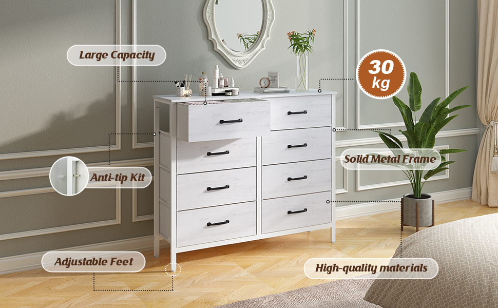 LYNCOHOME Dresser with Drawers, Fabric Chest of Drawers, TV Stand Sideboard with 6 Fabric Drawers, Storage Cabinet Bedroom Chest of Drawers Kitchen Organizer Furniture for Office Hallway (White-4*2l-uk)