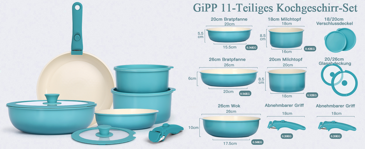 Набір посуду GiPP 11 предметів: сковорідки та каструлі з антипригарним покриттям, знімні ручки, сталевий, блакитний градієнт, для всіх типів плит, сумісний з духовкою